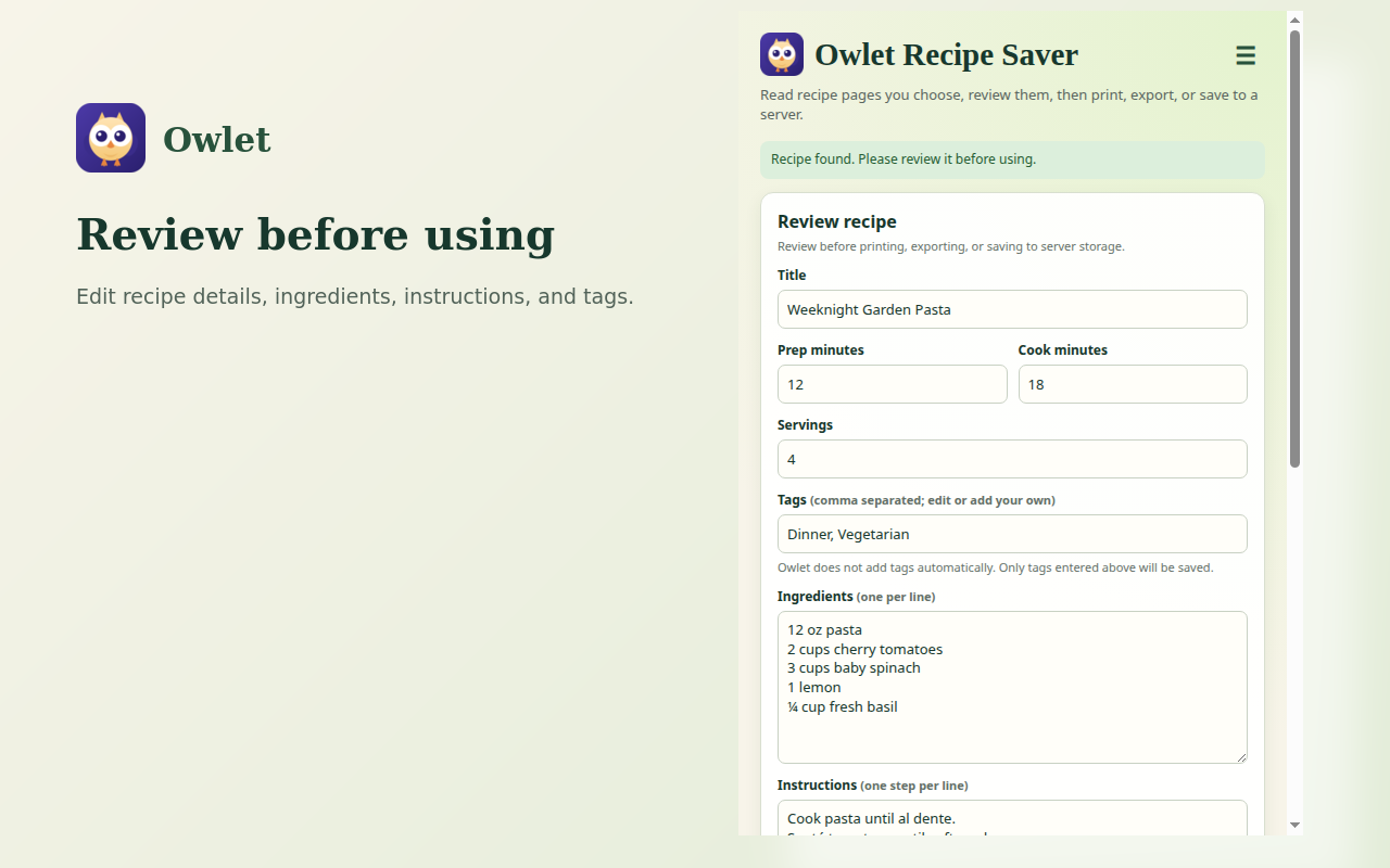Owlet review and edit screen