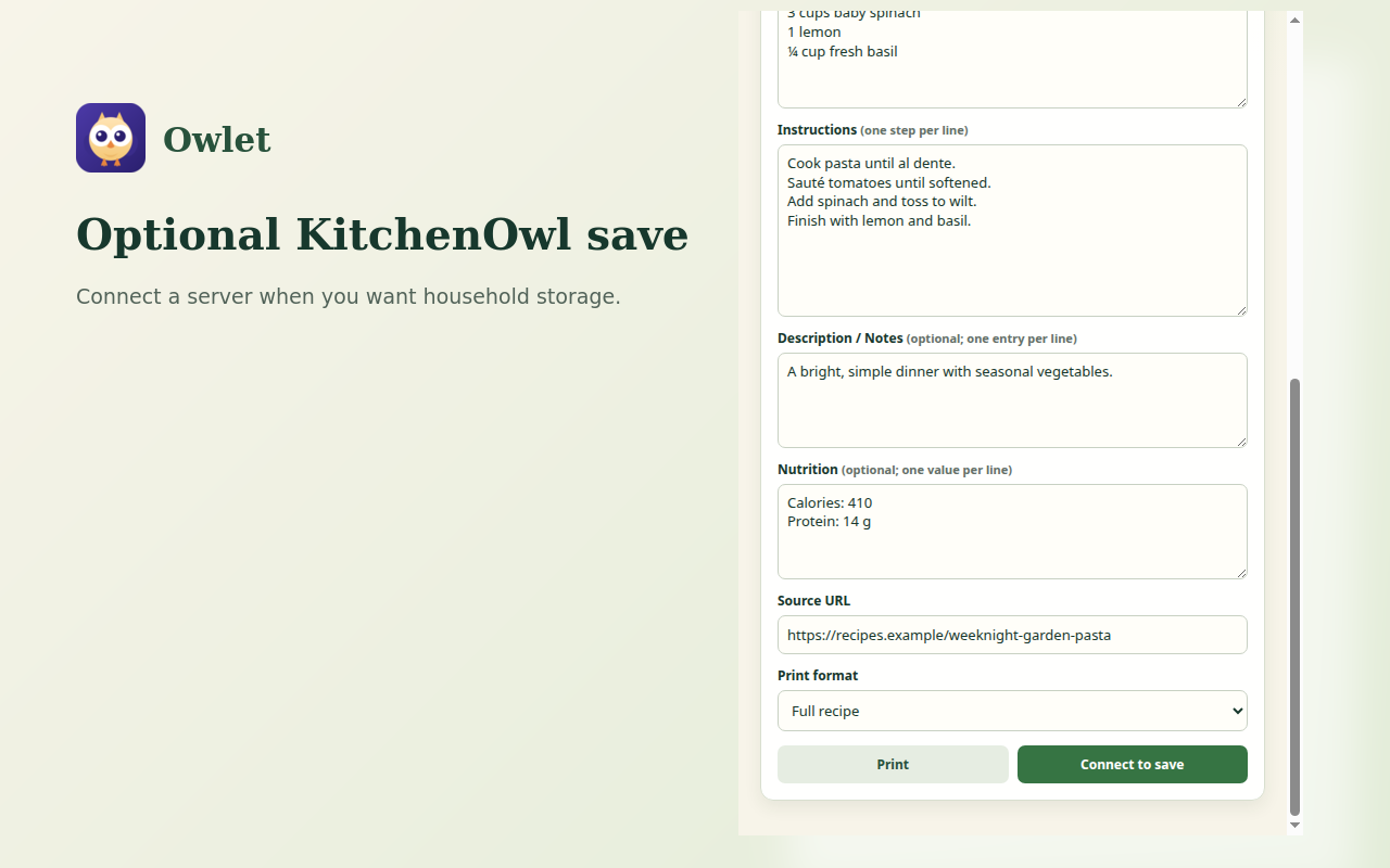 Owlet KitchenOwl save screen
