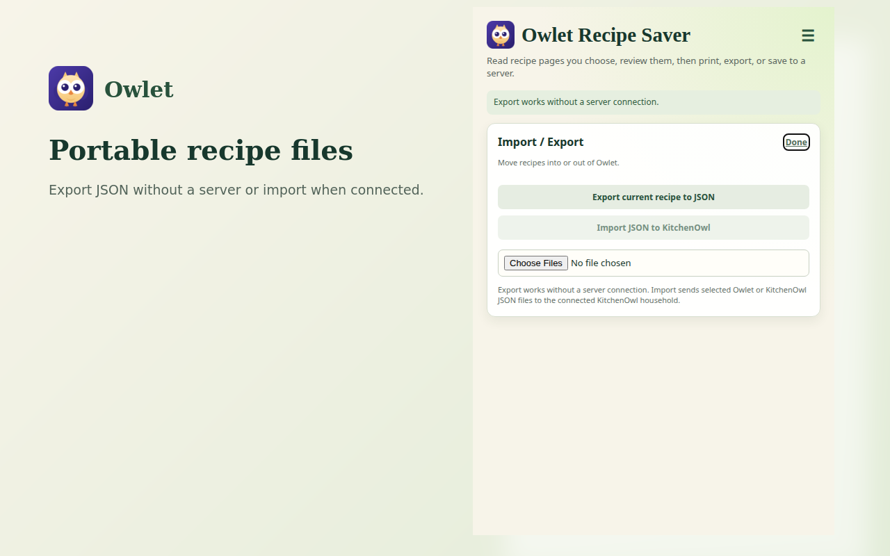 Owlet import and export screen